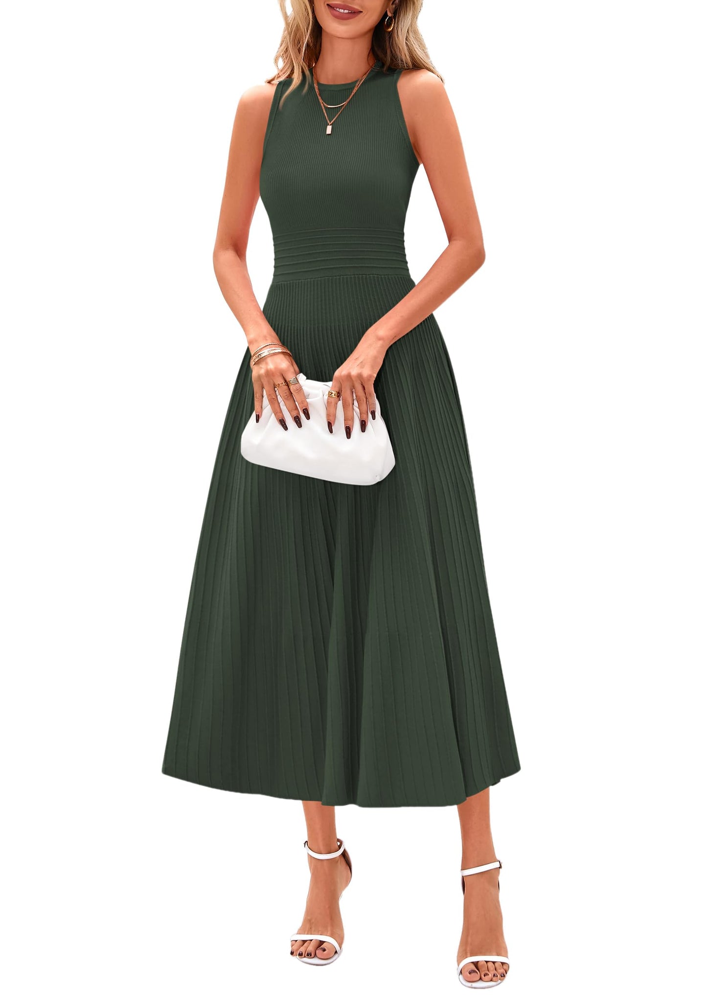 PRETTYGARDEN Spring Casual Dresses for Women 2026 Summer Business Work Midi Sleeveless A Line Pleated Cocktail Dress
