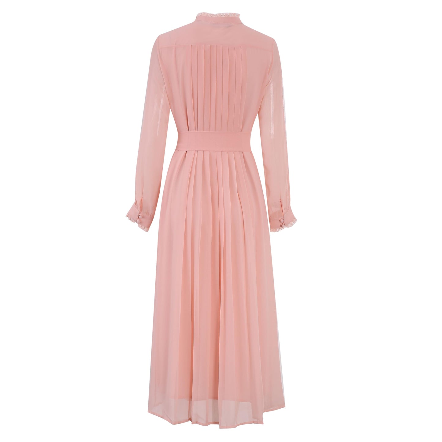 Women's 2026 Spring Fall Midi Dress with Belt Casual Long Sleeve Lace V Neck Pleated A Line Flowy Dresses for Work or Daily