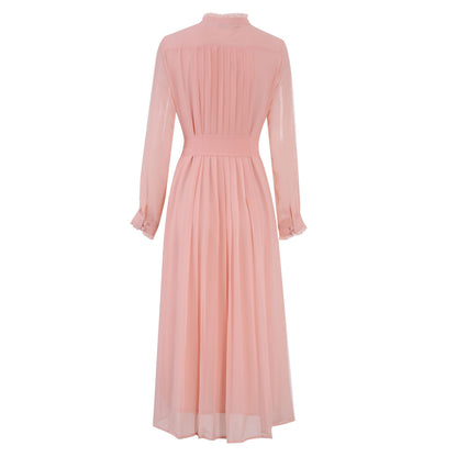 Women's 2026 Spring Fall Midi Dress with Belt Casual Long Sleeve Lace V Neck Pleated A Line Flowy Dresses for Work or Daily
