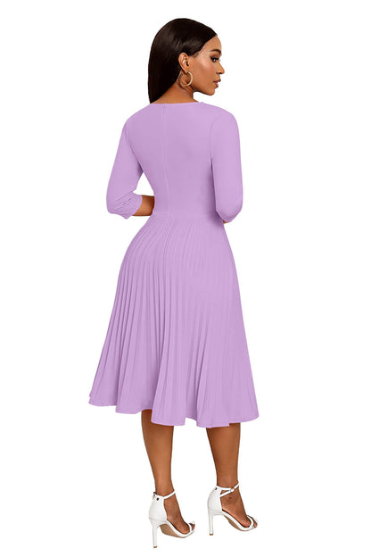 CLOCOR Midi Dresses for Women, 3/4 Sleeve A Line Pleated Casual Dress V Neck Church Cocktail Wedding Guest Dress