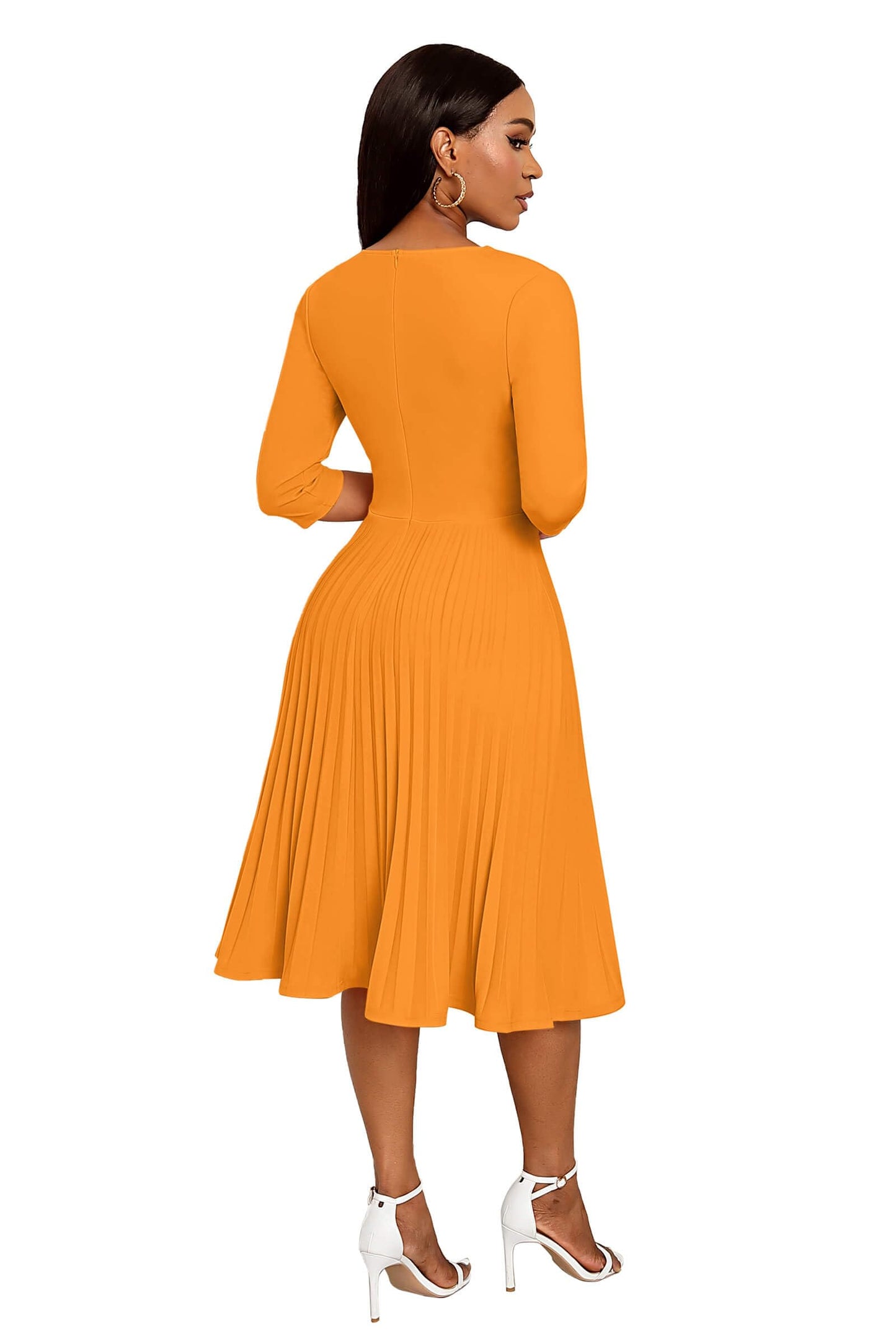 CLOCOR Midi Dresses for Women, 3/4 Sleeve A Line Pleated Casual Dress V Neck Church Cocktail Wedding Guest Dress