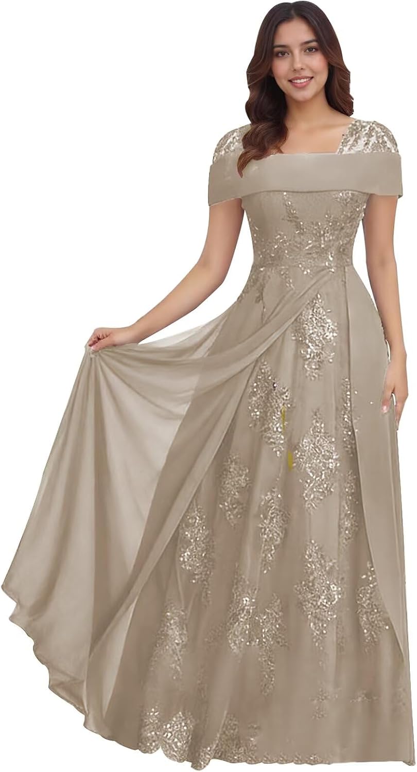 Lace Sequin Applique Mother of The Bride Dresses for Wedding Cap Sleeve A Line Long Wedding Guest Dresses for Women