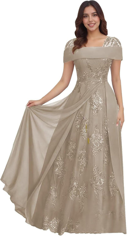 Lace Sequin Applique Mother of The Bride Dresses for Wedding Cap Sleeve A Line Long Wedding Guest Dresses for Women