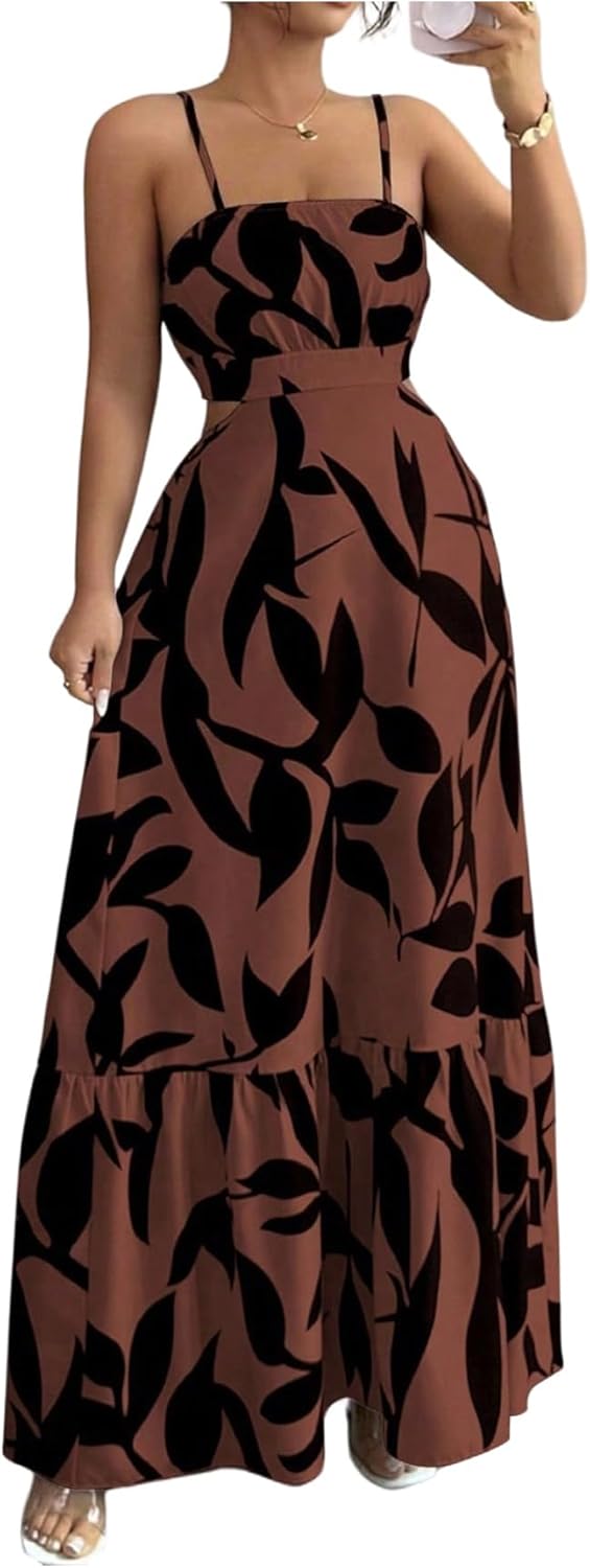 OYOANGLE Women's Cut Out Floral Print Tropical Maxi Cami Dress Ruffle Flowy Summer Vacation Spaghetti Strap Sundress