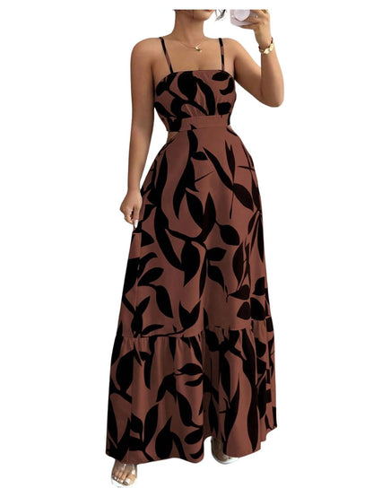 OYOANGLE Women's Cut Out Floral Print Tropical Maxi Cami Dress Ruffle Flowy Summer Vacation Spaghetti Strap Sundress