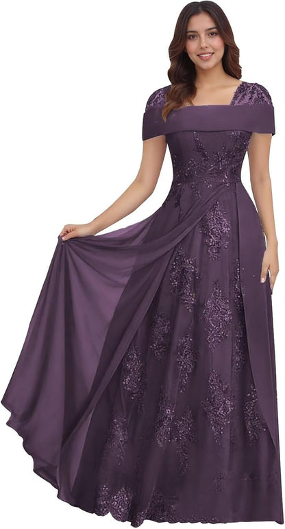 Lace Sequin Applique Mother of The Bride Dresses for Wedding Cap Sleeve A Line Long Wedding Guest Dresses for Women