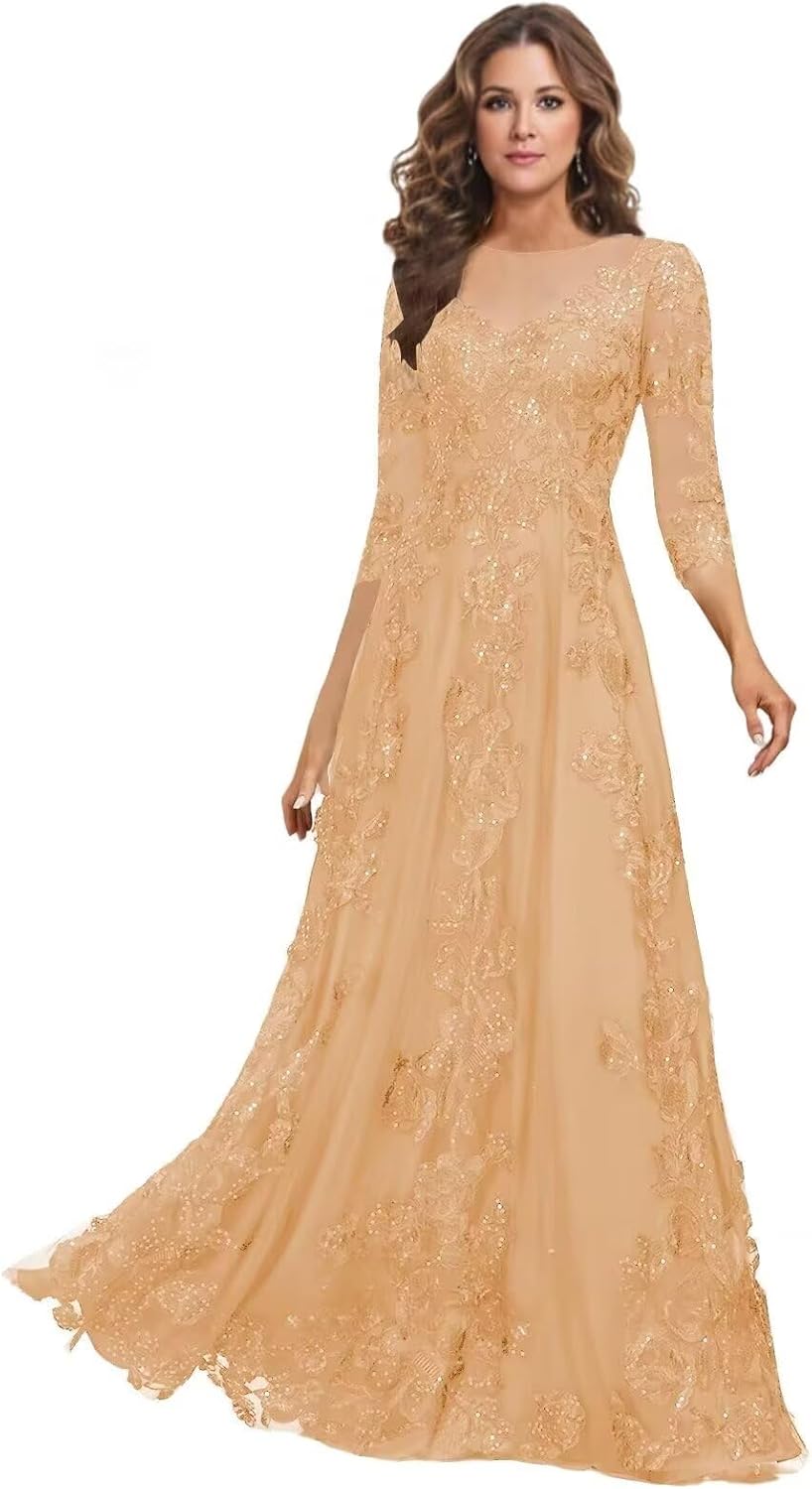 Lace Mother of the Bride Dress Long for Wedding Party Guest 3/4 Sleeves Formal Evening Gown JH028