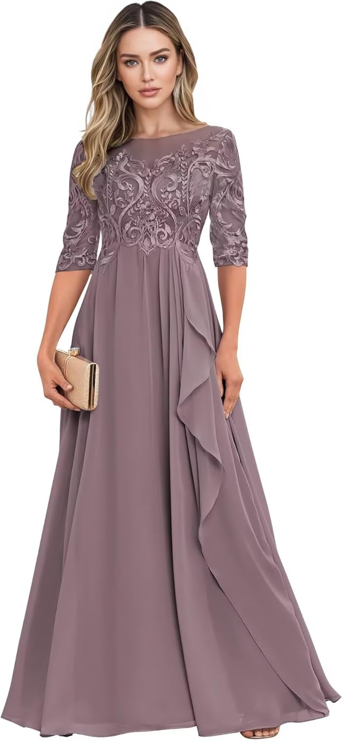 Long Mother of The Bride Dresses for Wedding Guest Half Sleeves Ruffle A Line Evening Party Gown HX012