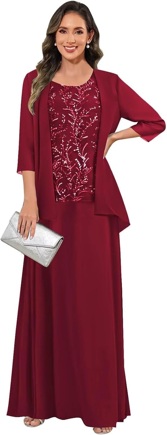 3 Pieces Mother of The Bride Dresses for Women 3/4 Sleeves Chiffon Lace Long Formal Wedding Guest Dress