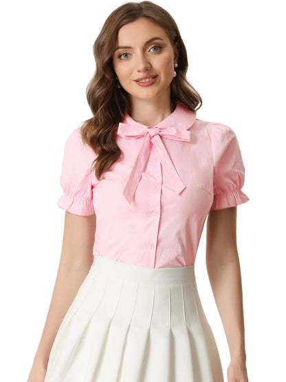 Allegra K Women's Vintage Peter Pan Collar Tie Neck Casual Cute Cotton Button-Up Shirt