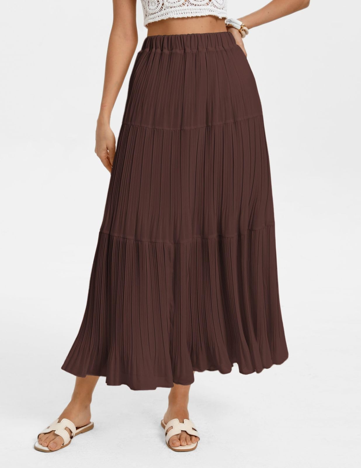 Kate Kasin 2026 Women's Chiffon Maxi Skirt, High Waist Pleated Skirts, Summer Flowy Long Skirts with Underskirt