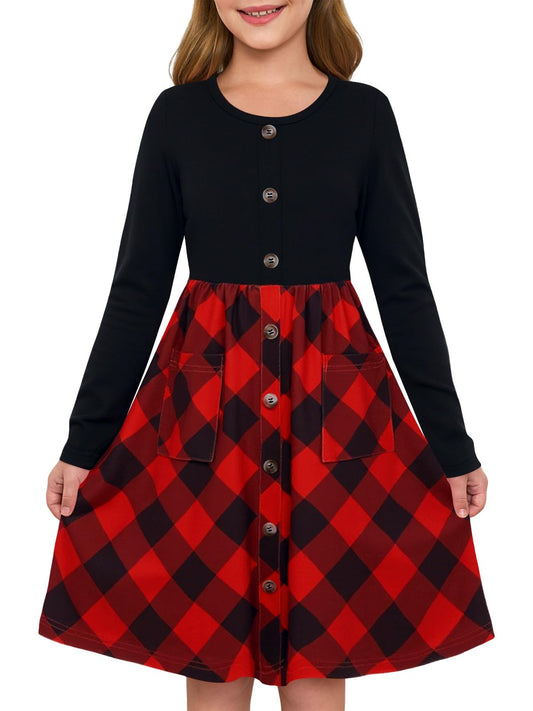 Girls Dresses Kids Button Down Midi Long Sleeve Casual A Line Dress with Pockets 4-14 Years