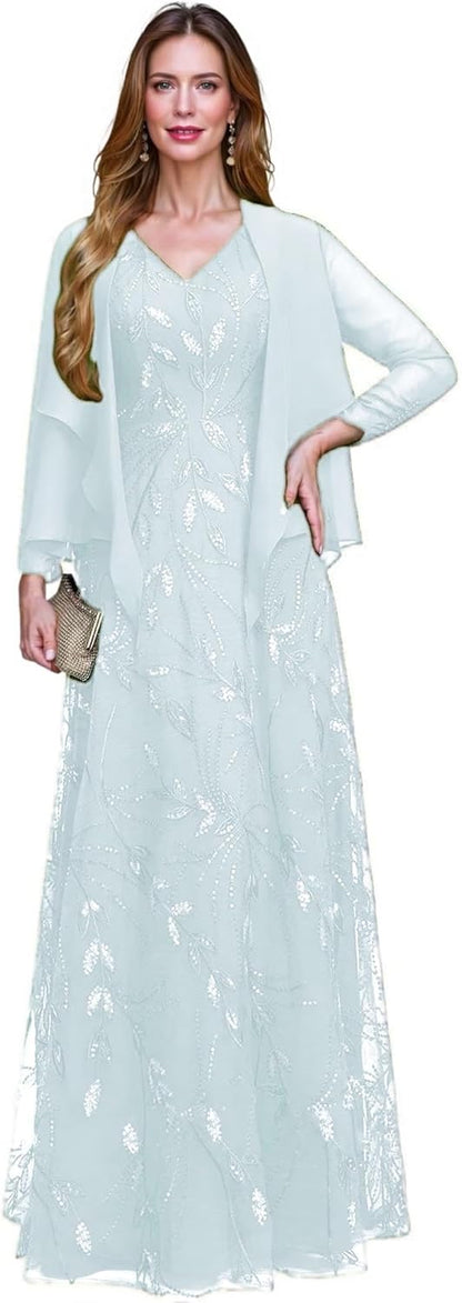 2 Piece Sequin Lace Mother of The Bride Dresses for Women with Jacket V Neck Long Formal Dresses Evening Gown