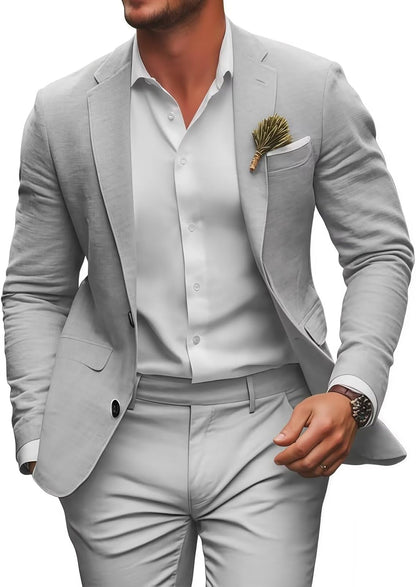 Retro Linen Mens Suit 2 Pieces Slim Fit Light Weight Beach Summer Wedding Tuxedo Set Jacket Blazer Pants for Men