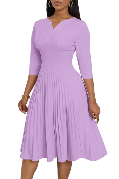 CLOCOR Midi Dresses for Women, 3/4 Sleeve A Line Pleated Casual Dress V Neck Church Cocktail Wedding Guest Dress