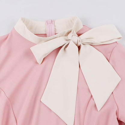 50s Style Dresses for Women Vintage Short Sleeve Tie Neck Swing Dress Midi Prom Dress with Belt
