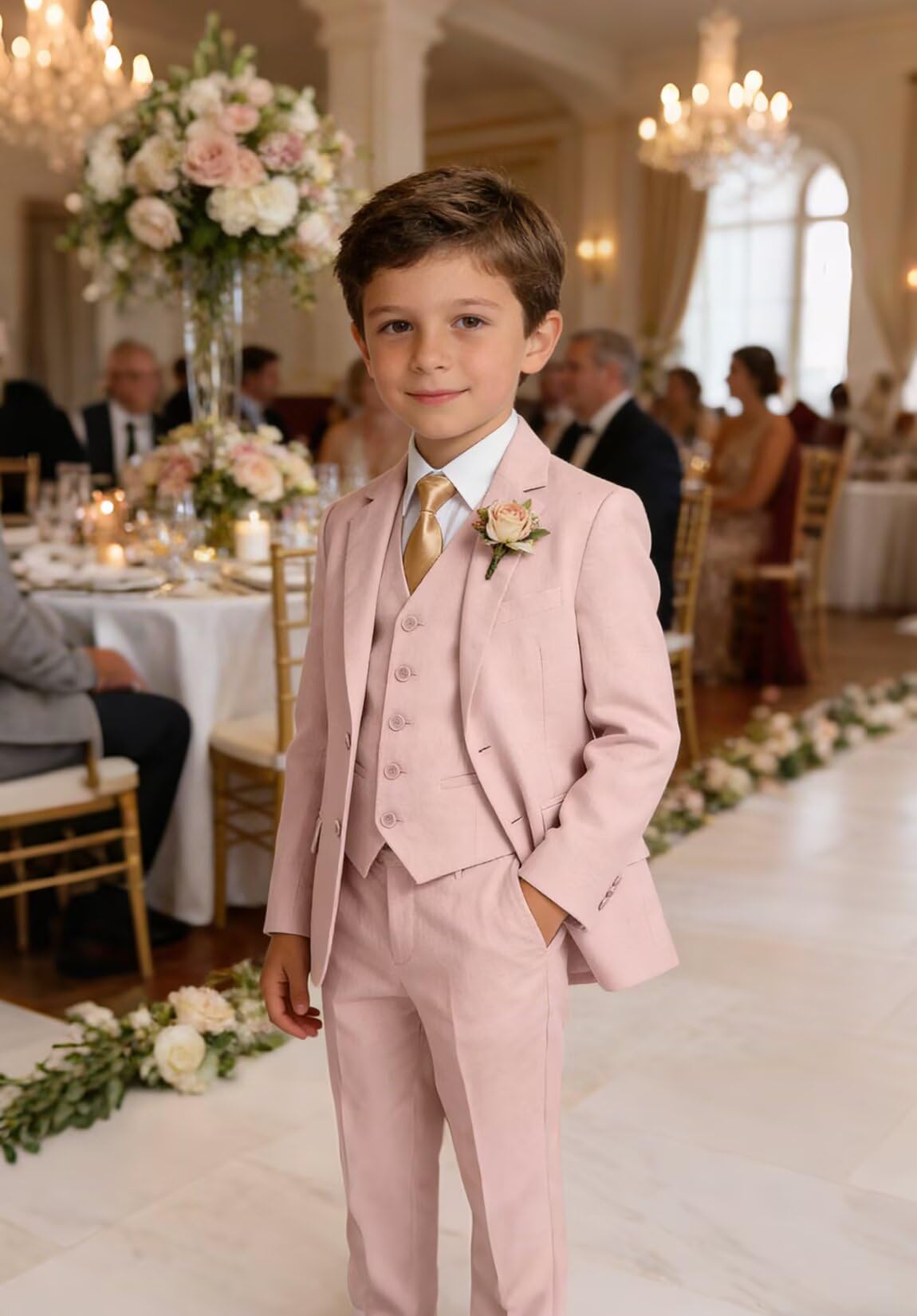 Boys Linen Suit Formal 3 Piece Toddler Tuxedo for Summer Beach Wedding Outfit Slim Fit Kids Suits Jacket Vest Pants