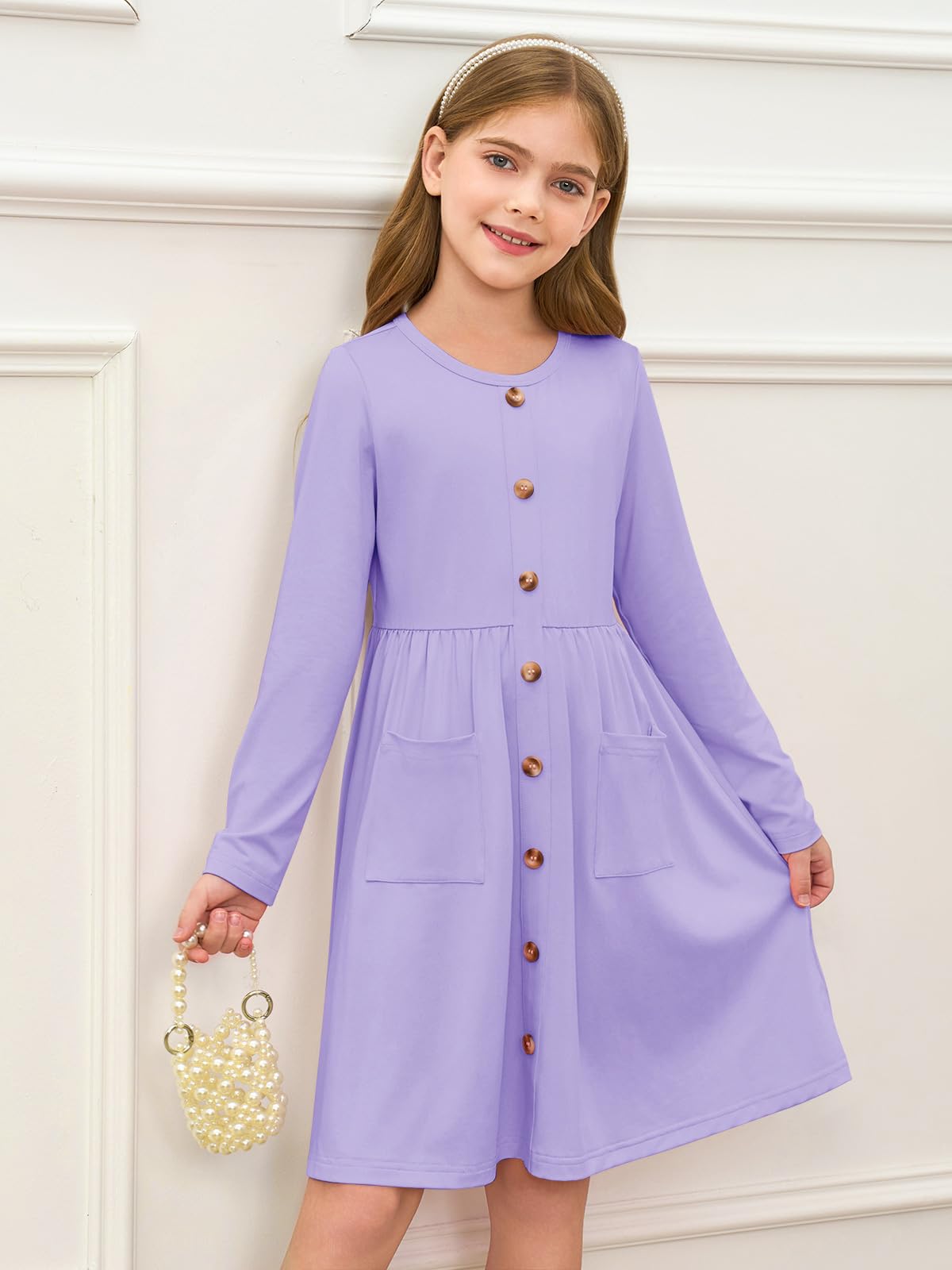 Girls Dresses Kids Button Down Midi Long Sleeve Casual A Line Dress with Pockets 4-14 Years