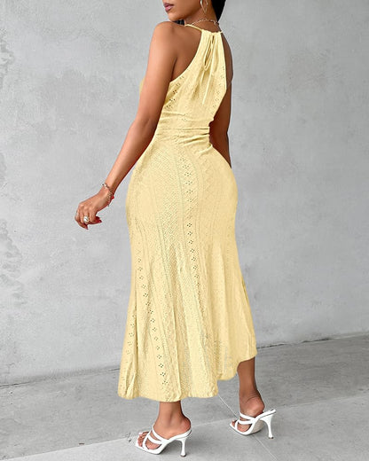 CHICME Womens Summer Halter Dress Hollow Out A Line Vacation Dresses with Eyelet Embroidery & Side Slit
