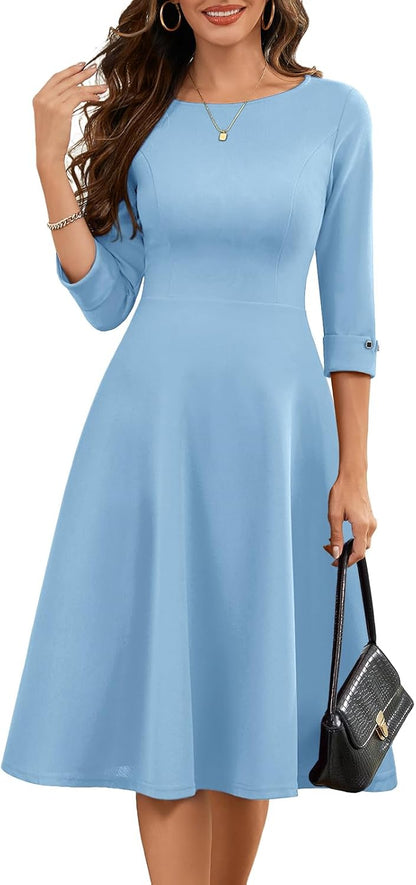 HomRain Women's Fit and Flare Midi Dress-3/4 Sleeve Modest Church Dress Classy Causal Work Dresses with Pockets
