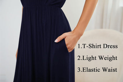AUOMITH Women's 2026 Summer Short Sleeve Empire High Waist Long Maxi Dress with Pockets