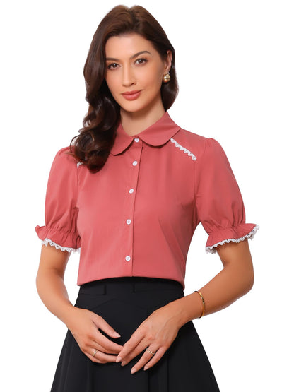 Allegra K Peter Pan Collar Shirt for Women Vintage Tops Puff Short Sleeve Button Down Retro Blouses 2026