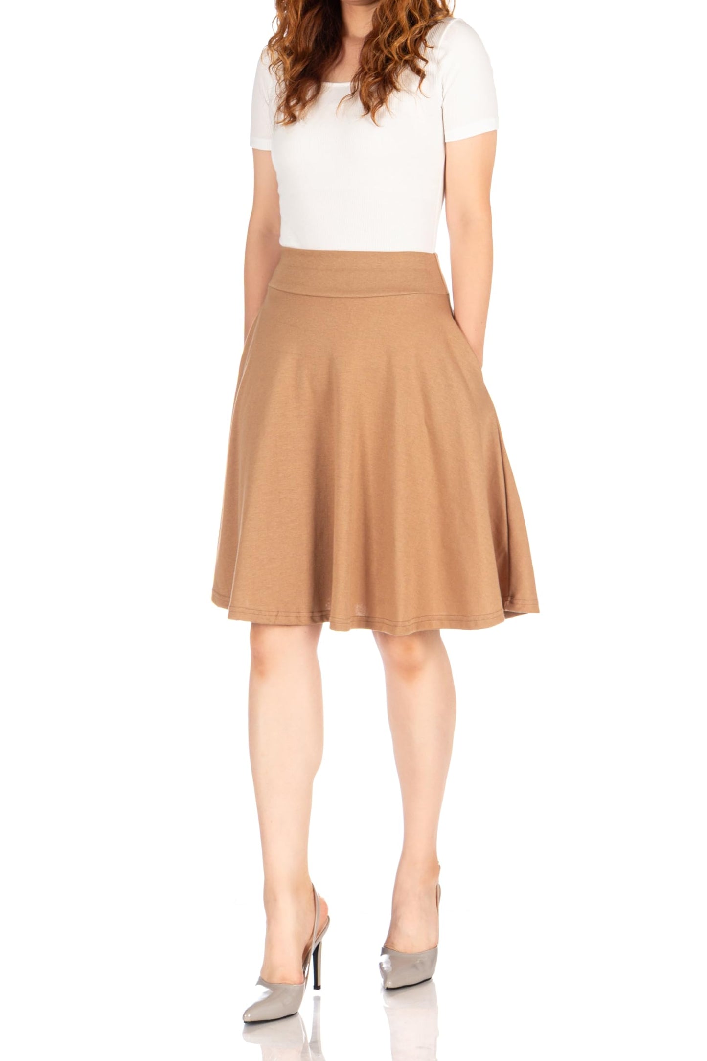 Dani's Choice High-Waisted Cotton Blend Skirt with Pockets - Knee Length A-line Flare for Business and Casual Wear