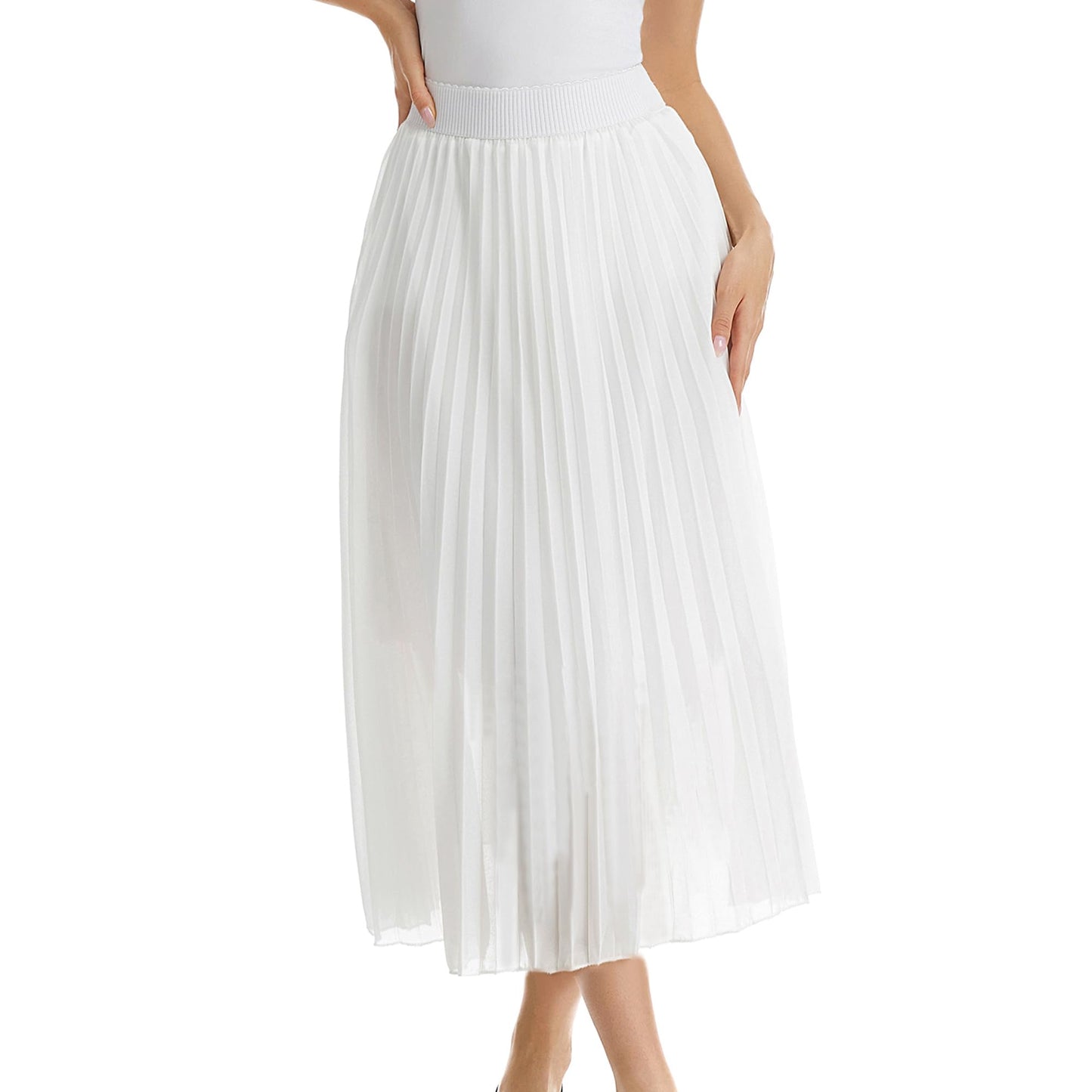Womens Chiffon High Waist Skirt Pleated A-Line Swing Elastic Shirring Midi Length