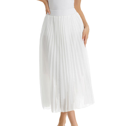 Womens Chiffon High Waist Skirt Pleated A-Line Swing Elastic Shirring Midi Length