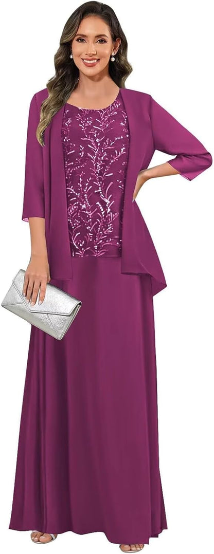 3 Pieces Mother of The Bride Dresses for Women 3/4 Sleeves Chiffon Lace Long Formal Wedding Guest Dress