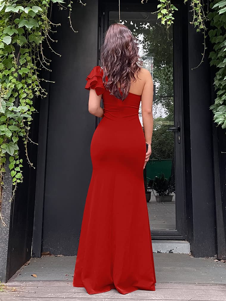 YMDUCH Women's Sexy Sleeveless One Shoulder Ruffle High Split Party Evening Long Formal Dress