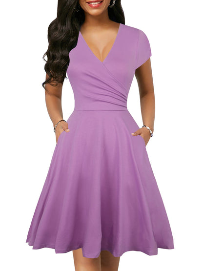 oxiuly Women's Vintage Dot V-Neck Cap Sleeve Casual Pockets Swing Tea Dress OX296