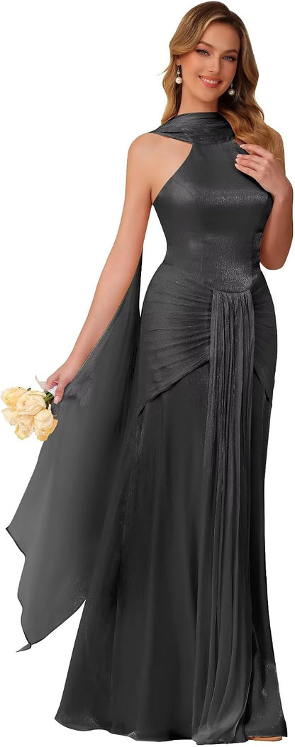 Halter Bridesmaid Dresses Long with Scarf Shimmer Chiffon Formal Dress Pleated Mermaid Evening Gowns for Women