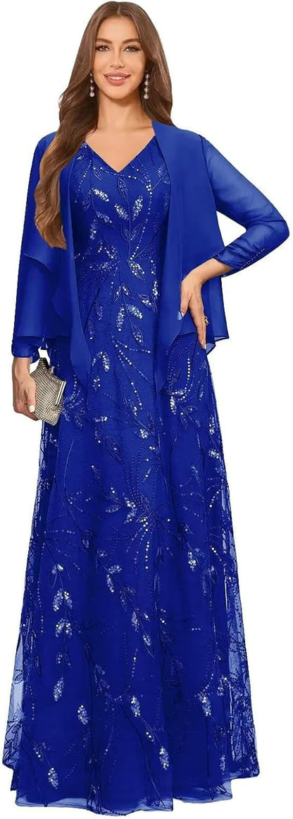 2 Piece Sequin Lace Mother of The Bride Dresses for Women with Jacket V Neck Long Formal Dresses Evening Gown