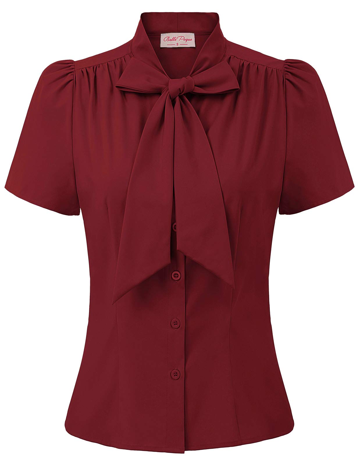 Belle Poque Summer Short Sleeve Office Button Down Blouse Stripe Shirt Tops with Bow Tie BP573