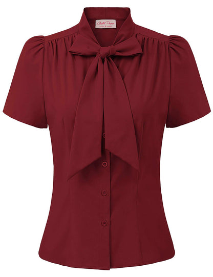 Belle Poque Summer Short Sleeve Office Button Down Blouse Stripe Shirt Tops with Bow Tie BP573