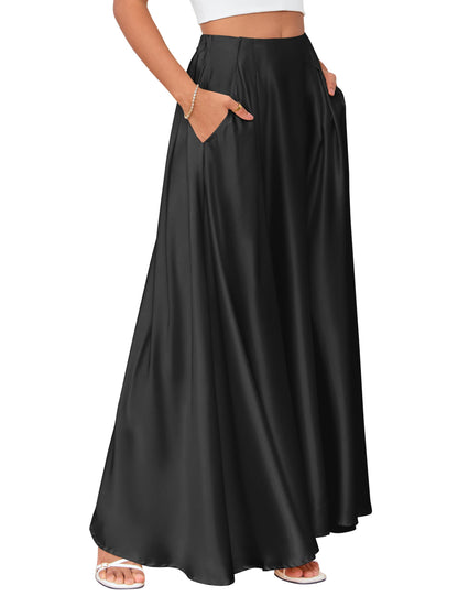 MAKABO Maxi Satin Skirts for Womens High Waisted Flowy Long A line Skirt Trendy for Office Holiday Party