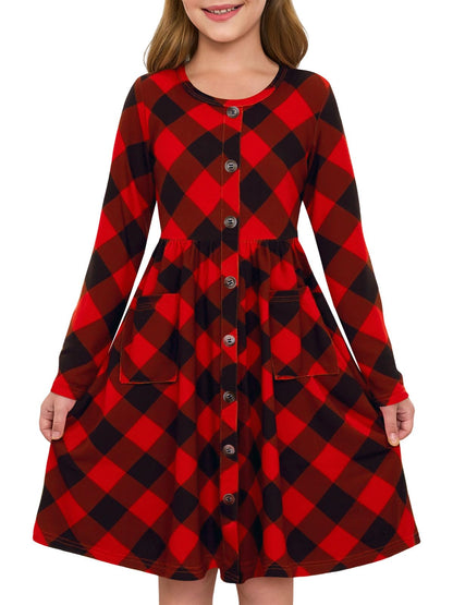 Girls Dresses Kids Button Down Midi Long Sleeve Casual A Line Dress with Pockets 4-14 Years