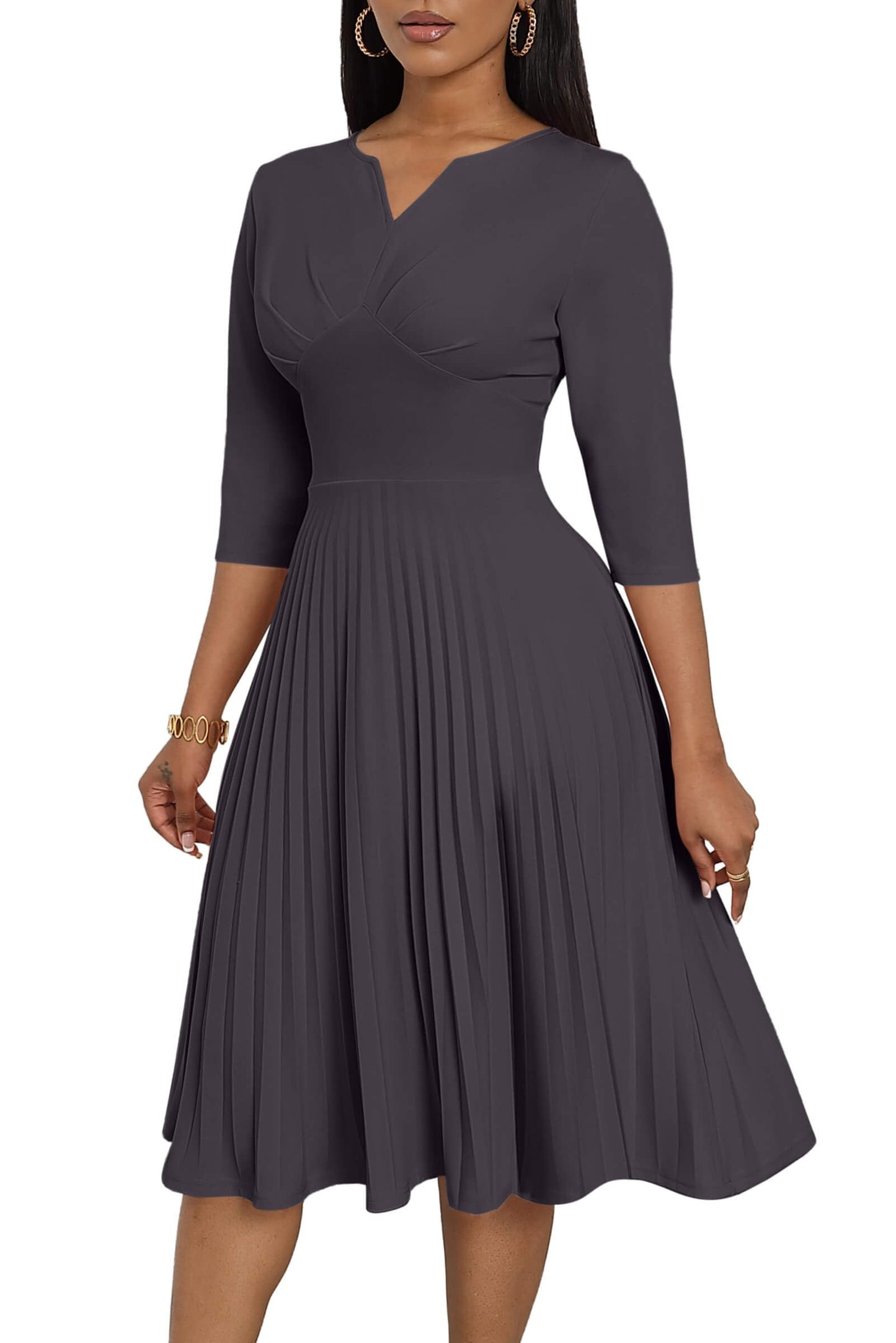 CLOCOR Midi Dresses for Women, 3/4 Sleeve A Line Pleated Casual Dress V Neck Church Cocktail Wedding Guest Dress