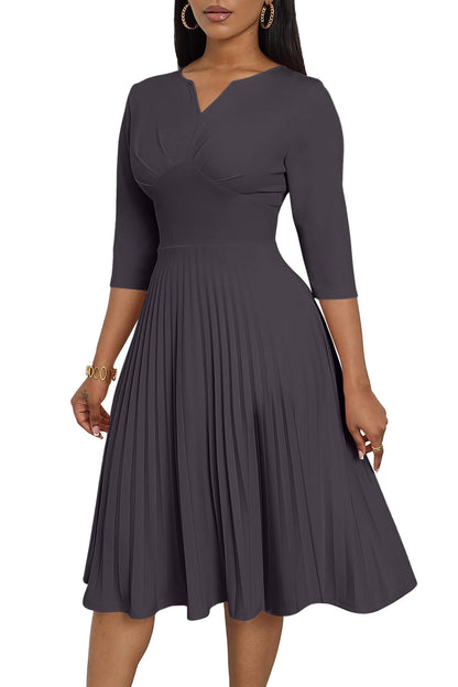 CLOCOR Midi Dresses for Women, 3/4 Sleeve A Line Pleated Casual Dress V Neck Church Cocktail Wedding Guest Dress