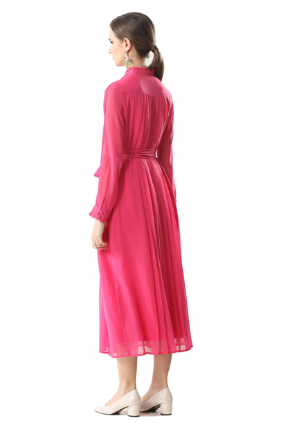 Women's 2026 Spring Fall Midi Dress with Belt Casual Long Sleeve Lace V Neck Pleated A Line Flowy Dresses for Work or Daily