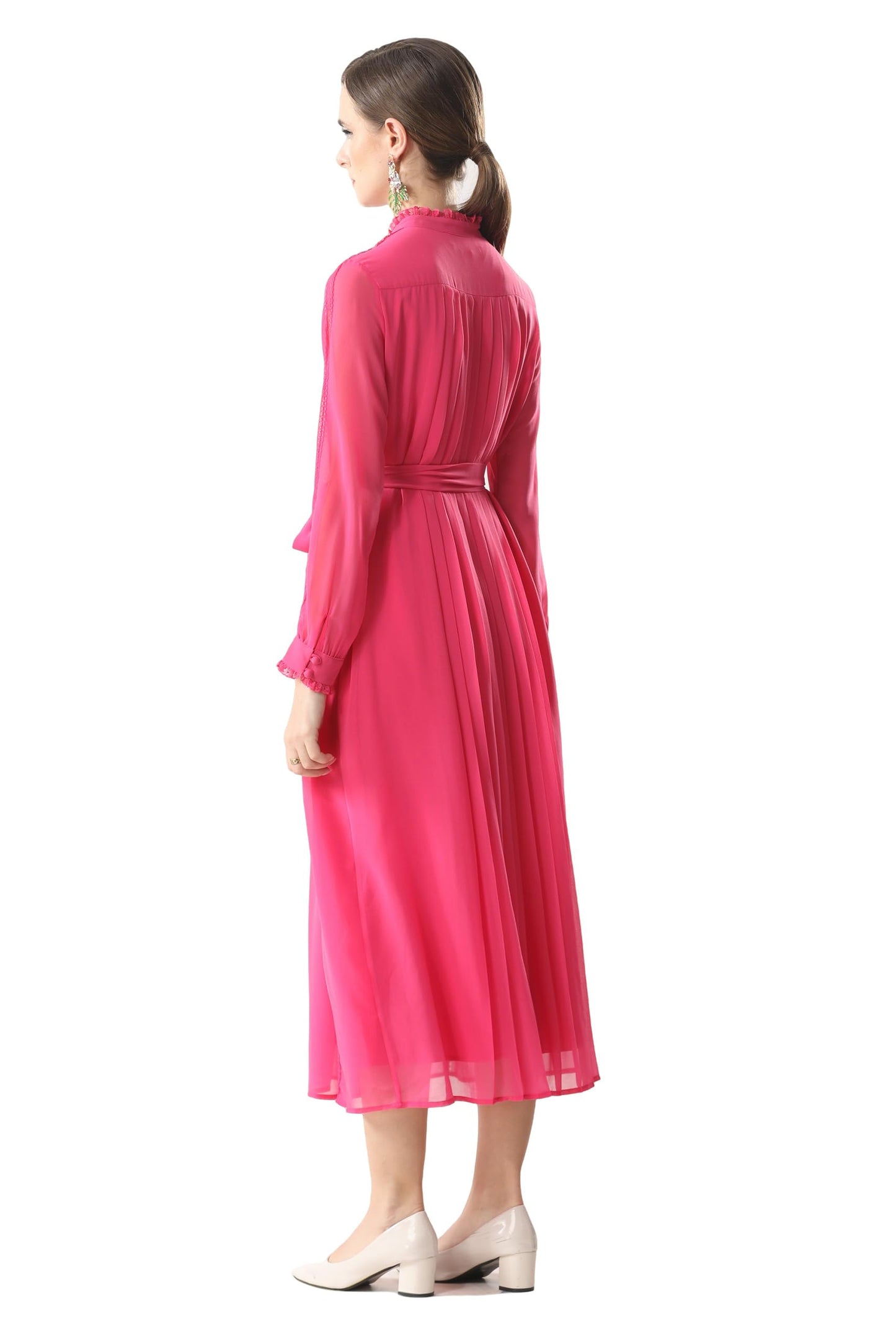 Women's 2026 Spring Fall Midi Dress with Belt Casual Long Sleeve Lace V Neck Pleated A Line Flowy Dresses for Work or Daily