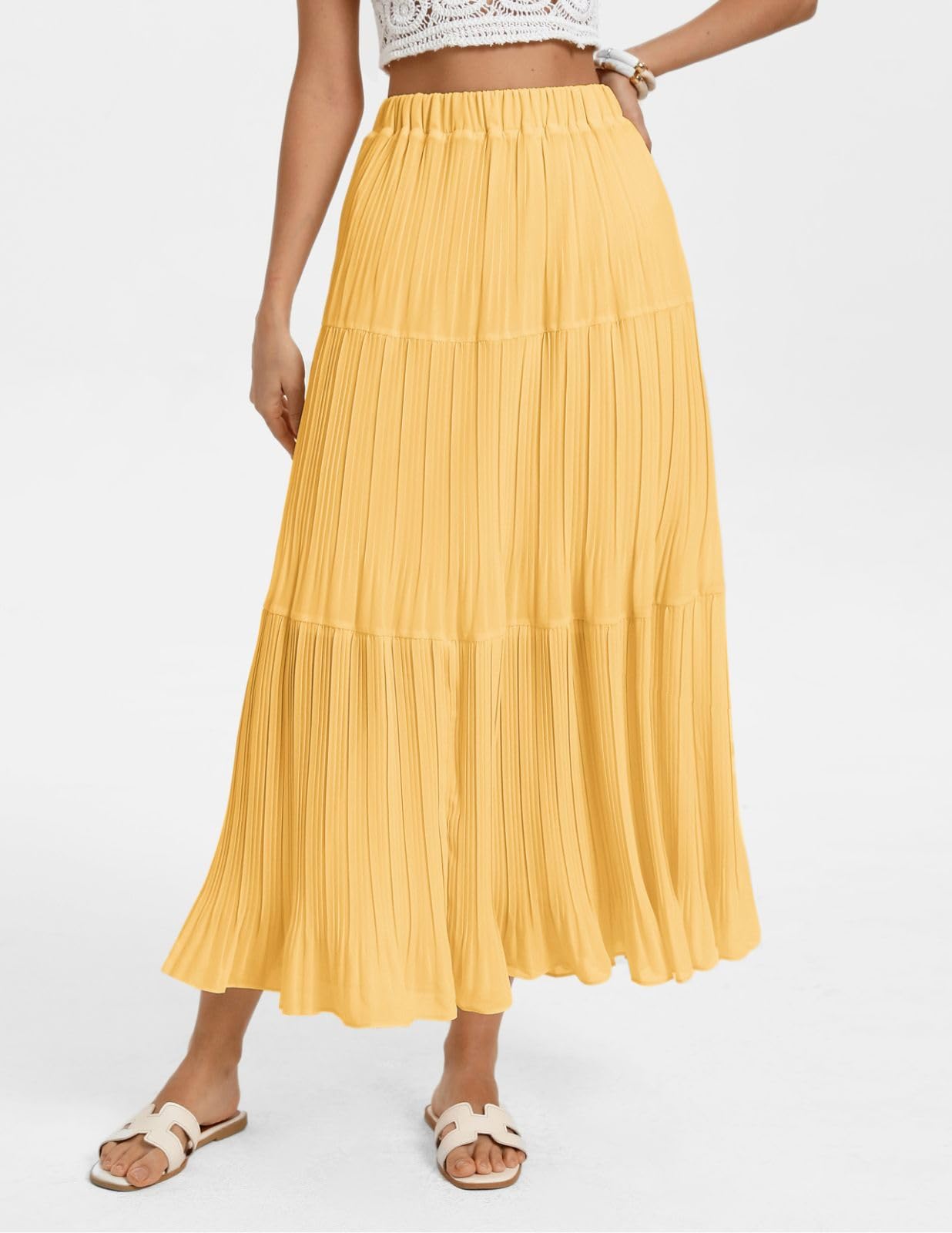 Kate Kasin 2026 Women's Chiffon Maxi Skirt, High Waist Pleated Skirts, Summer Flowy Long Skirts with Underskirt