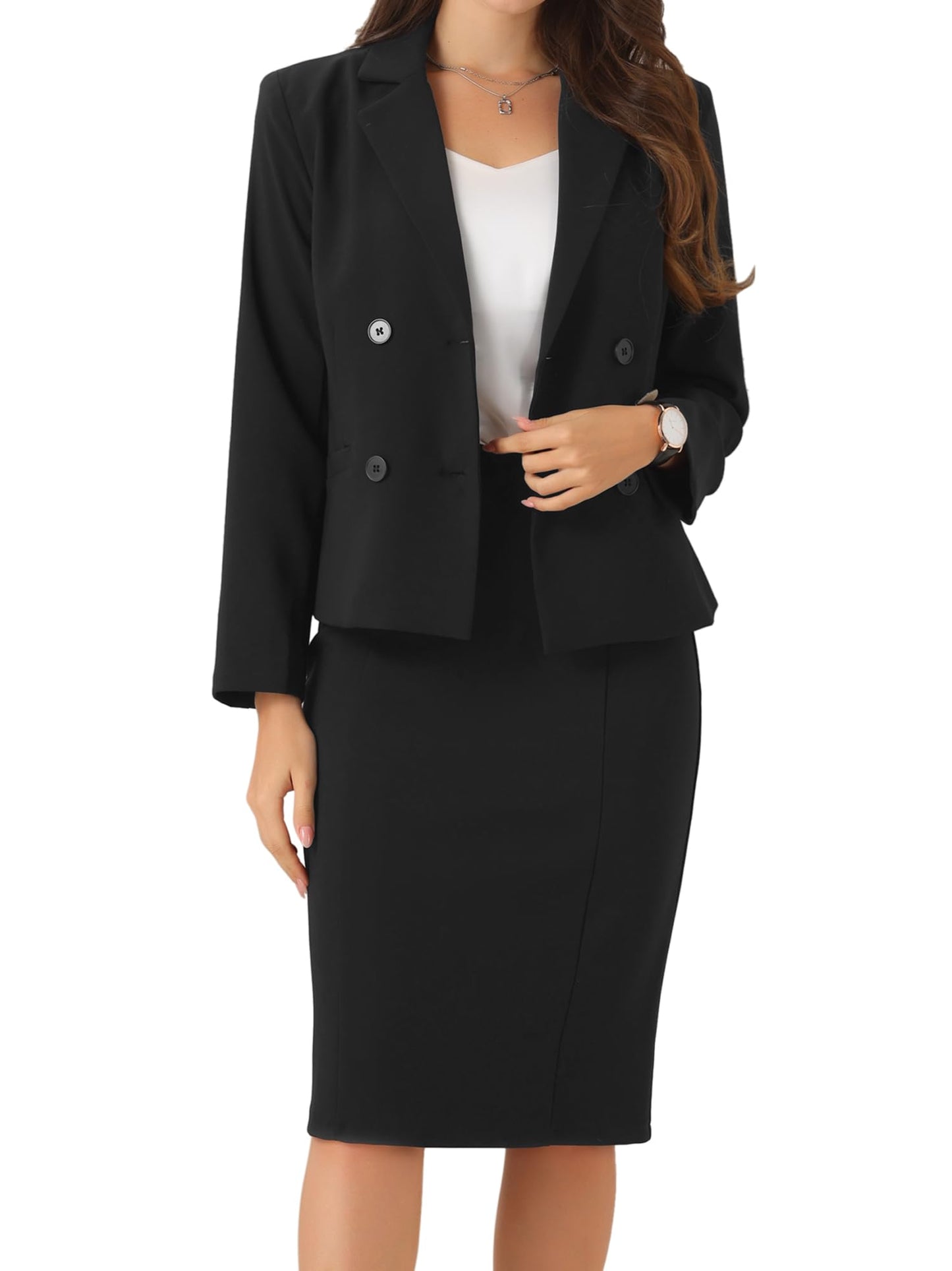 Allegra K Business Skirt Suit Set for Womens 2 Piece Long Sleeve Work Blazer Jacket Outfits Pencil Skirts Set