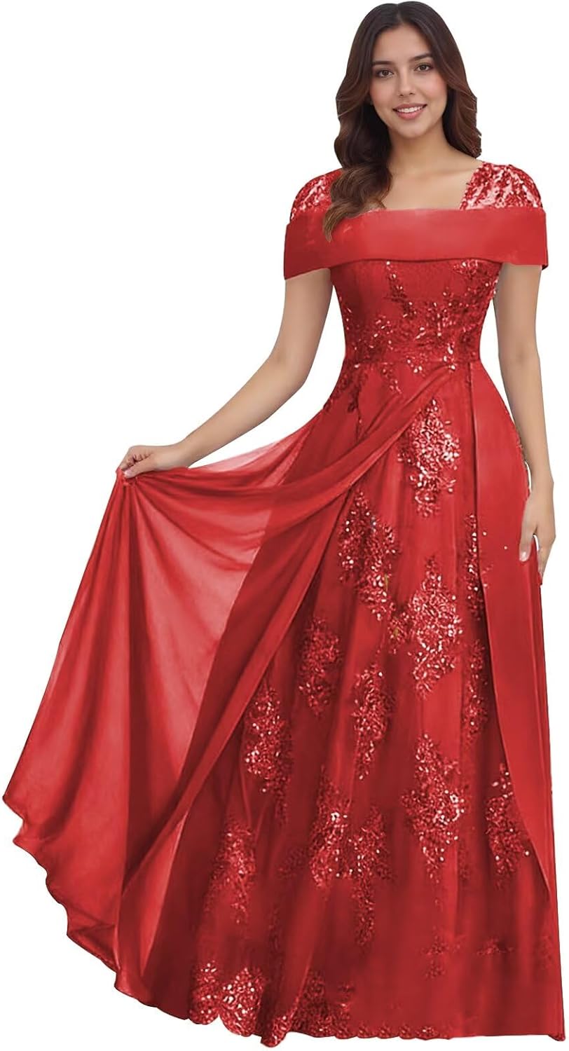 Lace Sequin Applique Mother of The Bride Dresses for Wedding Cap Sleeve A Line Long Wedding Guest Dresses for Women