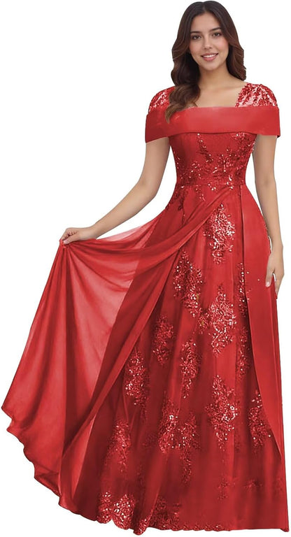 Lace Sequin Applique Mother of The Bride Dresses for Wedding Cap Sleeve A Line Long Wedding Guest Dresses for Women