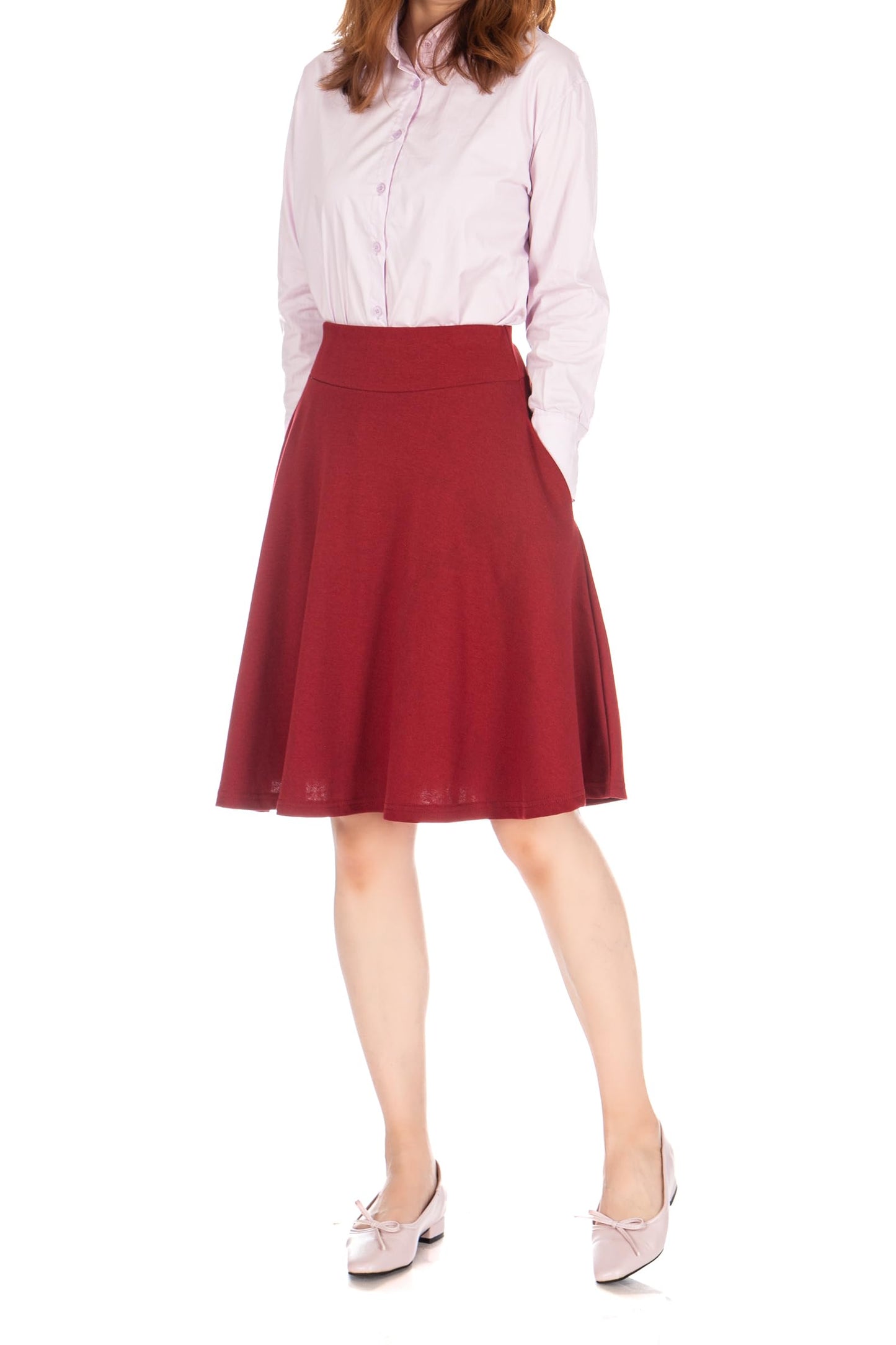 Dani's Choice High-Waisted Cotton Blend Skirt with Pockets - Knee Length A-line Flare for Business and Casual Wear