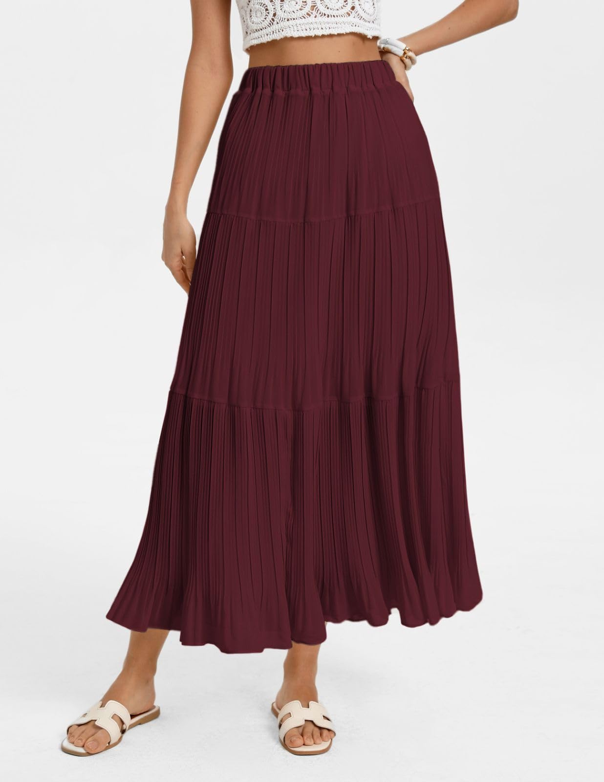 Kate Kasin 2026 Women's Chiffon Maxi Skirt, High Waist Pleated Skirts, Summer Flowy Long Skirts with Underskirt