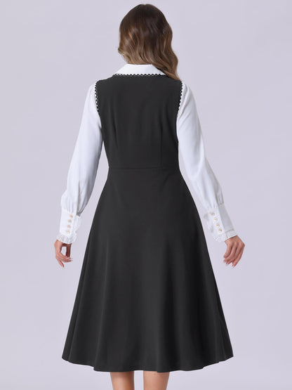 Allegra K Vintage Pinafore Dress for Women's 1950s Lace Trrim Midi Overall Dress with Pockets