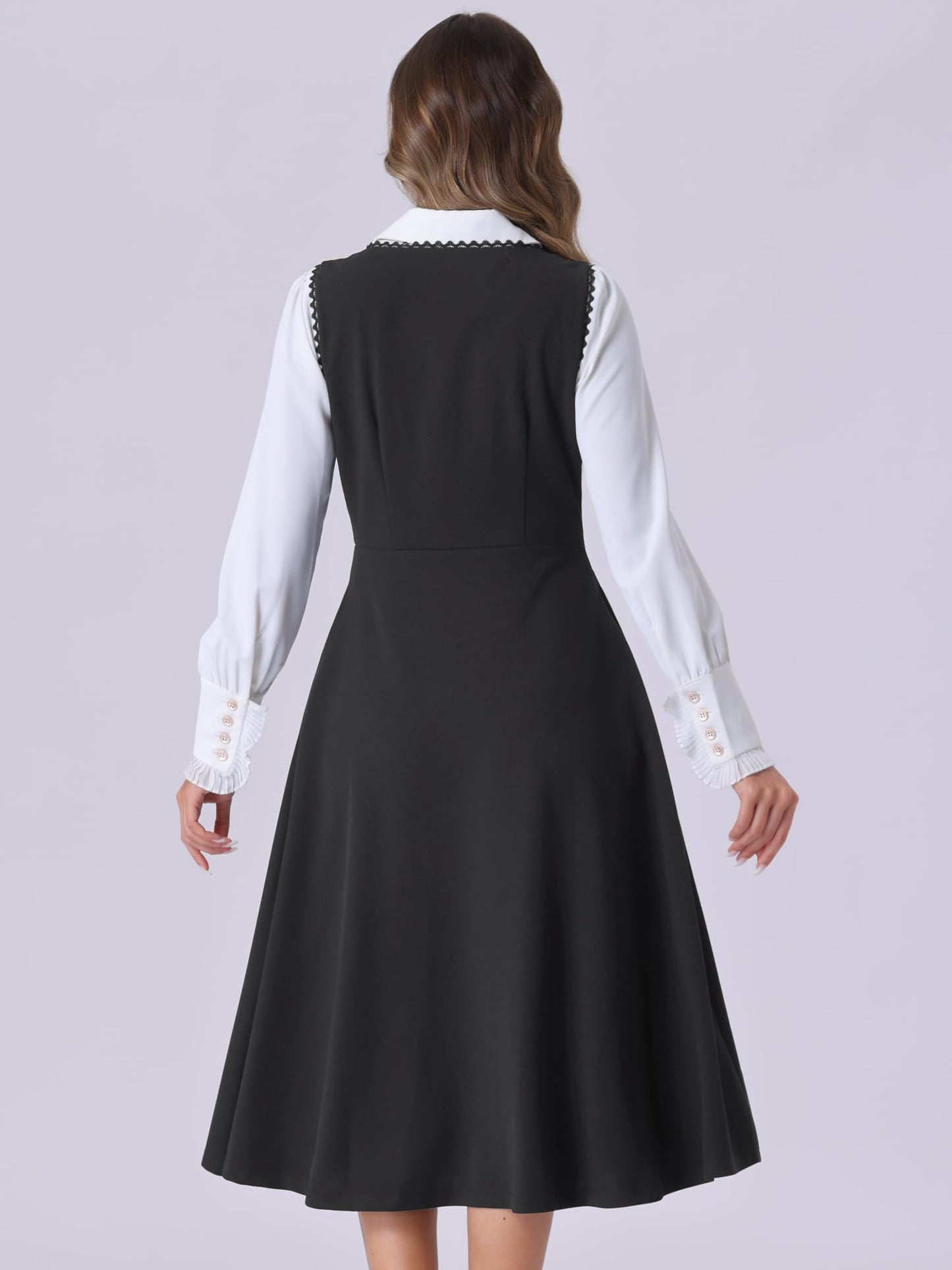 Allegra K Vintage Pinafore Dress for Women's 1950s Lace Trrim Midi Overall Dress with Pockets